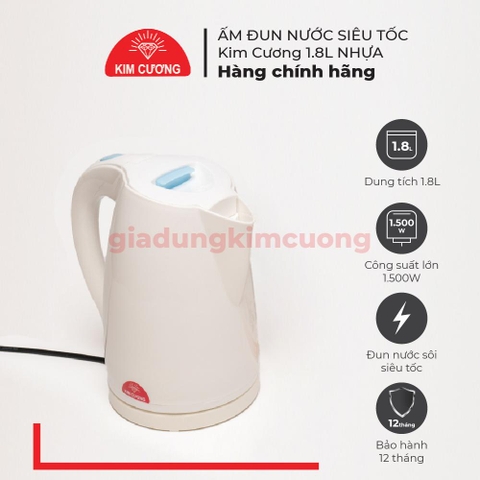 Ấm Đun Siêu Tốc Kim Cương 1.8 Lít Nhựa Cao Cấp [Bảo Hành Chính Hãng 12 Tháng]
