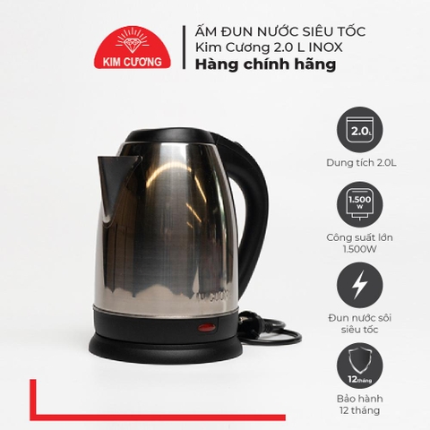Ấm Đun Nước Siêu Tốc Inox 2 Lít Kim Cương [Bảo Hành Chính Hãng 12 Tháng]
