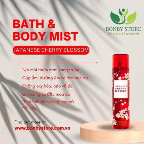 Một chai xịt toàn thân Bodymist Bath & Body Works màu hồng có nhãn Japanese Cherry Blossom