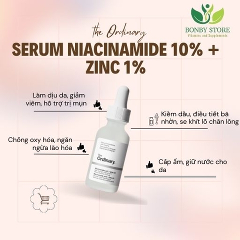 Tinh chất trị mụn, se khít lỗ chân lông The Ordinary Niacinamide 10% + Zinc 1%