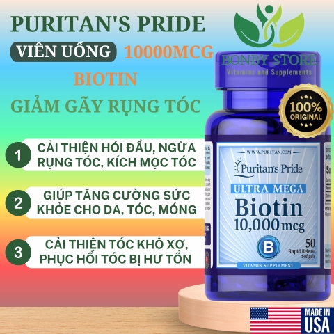 Viên uống giảm gãy rụng tóc Puritan's Pride Ultra Mega Biotin 10000mcg (50 viên)