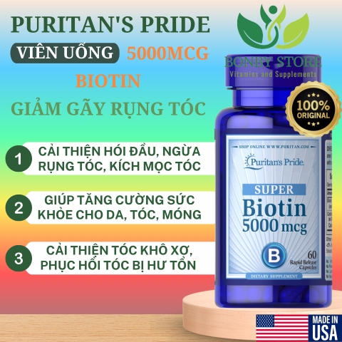 Viên uống giảm gãy rụng tóc Puritan's Pride Super Biotin 5000mcg (60 viên)