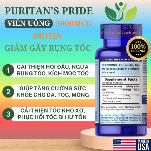 VIÊN UỐNG BỔ SUNG MỌC TÓC, GIẢM GÃY RỤNG TÓC BIOTIN SUPER 5000MCG PURITAN’S PRIDE-120 VIÊN