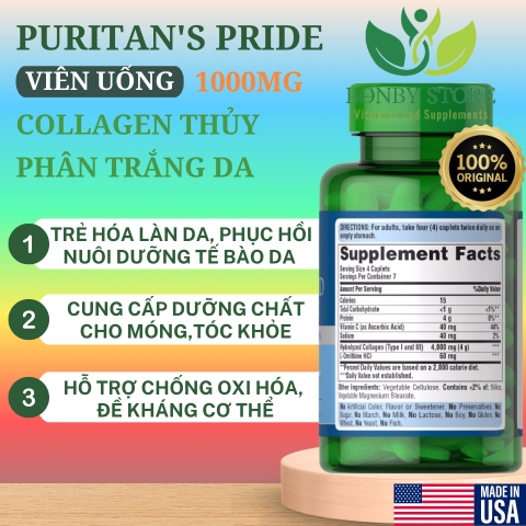 VIÊN UỐNG COLLAGEN THỦY PHÂN GIÚP TRẮNG DA, MỜ THÂM NÁM PURITAN’S PRIDE HYDROLYZED COLLAGEN 1000MG - 30 viên