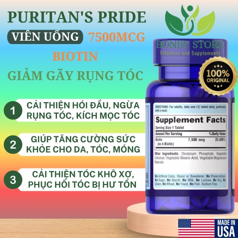VIÊN UỐNG BỔ SUNG MỌC TÓC, GIẢM GÃY RỤNG TÓC BIOTIN ULTRA 7500MCG PURITAN’S PRIDE-50 VIÊN