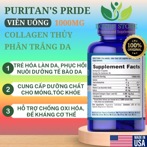 VIÊN UỐNG COLLAGEN THỦY PHÂN GIÚP TRẮNG DA, MỜ THÂM NÁM PURITAN’S PRIDE HYDROLYZED COLLAGEN 1000MG - 180 viên