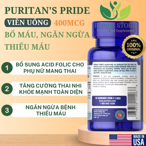 VIÊN UỐNG BỔ MÁU, NGĂN NGỪA THIẾU MÁU PURITAN’S PRIDE FOLATE 666MCG DFE (FOLIC ACID 400MCG) - 250 Viên