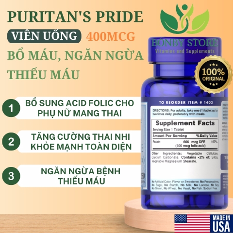 VIÊN UỐNG BỔ MÁU, NGĂN NGỪA THIẾU MÁU PURITAN’S PRIDE FOLATE 666MCG DFE (FOLIC ACID 400MCG) - 250 Viên