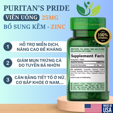 viên uống bổ sung kẽm zinc 25mg Puritan's Pride 100 viên