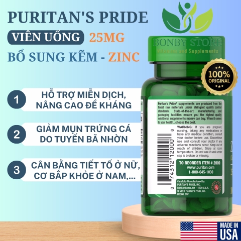 viên uống bổ sung kẽm zinc 25mg Puritan's Pride 100 viên
