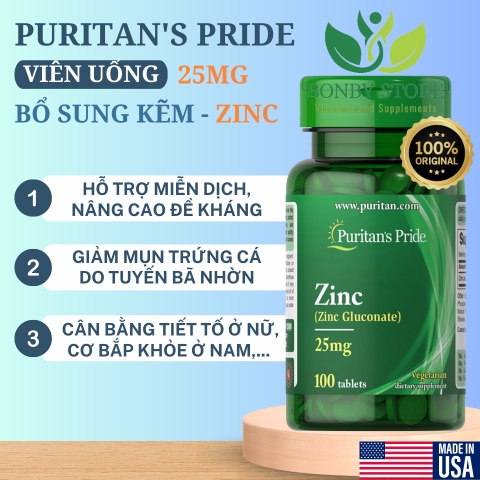 Viên uống bổ sung kẽm Puritan’s Pride Zinc Gluconate 25mg (100 viên)
