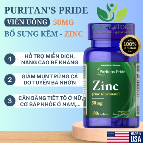 Viên uống bổ sung kẽm Puritan’s Pride Zinc Gluconate 50mg (100 viên)