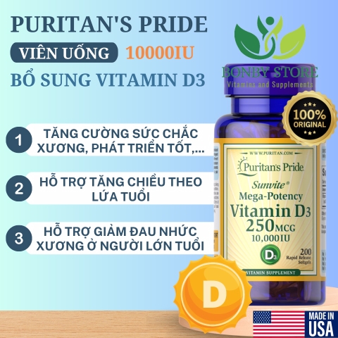 Viên uống bổ sung vitamin D3 250mcg 10000IU Puritan's Pride 200 viên