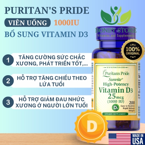 Viên uống bổ sung vitamin D3 25mcg 1000 IU Puritan's Pride 200 viên