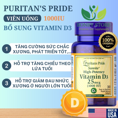 Viên uống bổ sung vitamin D3 25mcg 1000 IU  Puritan's Pride 30 viên