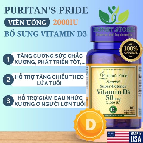 Viên uống bổ sung vitamin D3 50mcg 2000IU Puritan's Pride 100 viên