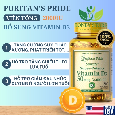 Viên uống bổ sung vitamin D3 50mcg 2000IU Puritan's Pride 200 viên