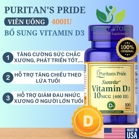Viên uống bổ sung vitamin D3 10mcg 400IU Puritan's Pride 100 viên