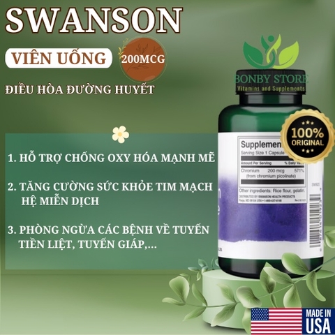 Viên uống hỗ trợ tim mạch, cân bằng đường huyết và giảm cân Swanson Chromium Picolinate 200mcg 200 viên
