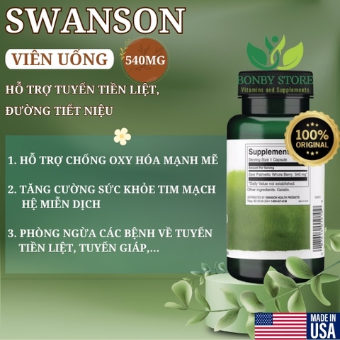 Viên uống hỗ trợ tuyến tiền liệt Swanson Saw Palmetto 540mg 100 viên