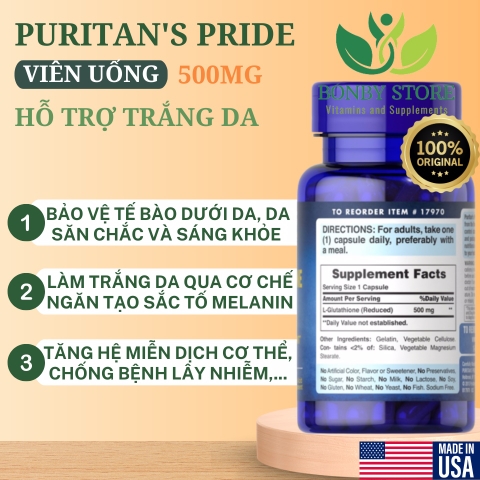 VIÊN UỐNG HỖ TRỢ TRẮNG DA L-GLUTATHIONE 500MG PURITAN’S PRIDE- 30 VIÊN