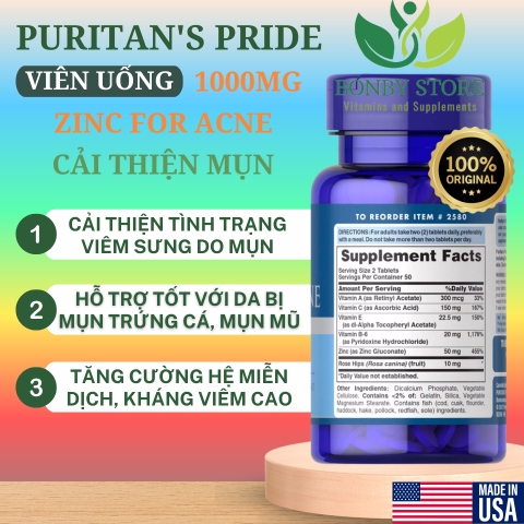 viên uống kẽm hỗ trợ trị mụn 1000MG của Mỹ loại 100 viên