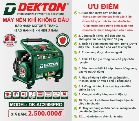 Máy nén khí không dầu 6L - 1.5 HP Dekton với bình chống gỉ