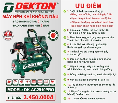 Máy nén khí không dầu Dekton DK-AC2910PRO (10L, 1.5Hp)