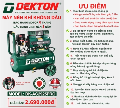 Máy nén khí không dầu 1.5HP-25L DEKTON DK-AC2925PRO