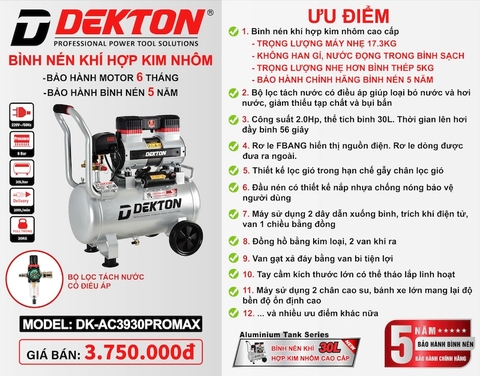Máy Nén Khí 30L Hợp Kim Nhôm Cao Cấp DK-AC3930PROMAX Dekton - Bảo Hành Bình Nén 5 năm