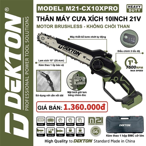 Thân Máy Cưa Xích Dekton M21-CX10XPRO 21V, Lưỡi 10 Inch | Động Cơ Không Chổi Than