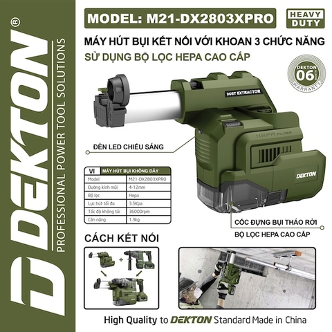 Bộ Hút Bụi Chuyên Dụng Kết Nối Máy Khoan Đục DEKTON M21-DX2803XPRO (Lực Hút 3.5kPa)