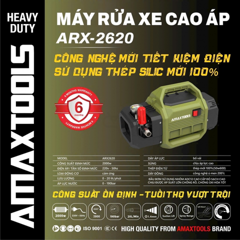 Máy Rửa Xe Cao Áp Amaxtools ARX-2620 (2000W) – Áp Lực 190 Bar, Đầu Bơm Nhôm ADC12 Chống Rỉ Sét