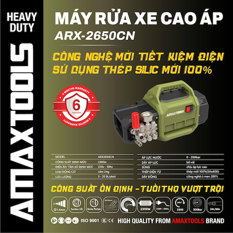 Máy Rửa Xe Cao Áp AMAXTOOLS ARX-2650CN (2300W) – Áp Lực 200 Bar, Công Nghệ Thép Silic Tiết Kiệm Điện