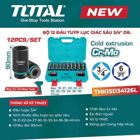 Bộ 12 Đầu Tuýp Lục Giác Sâu 3/4