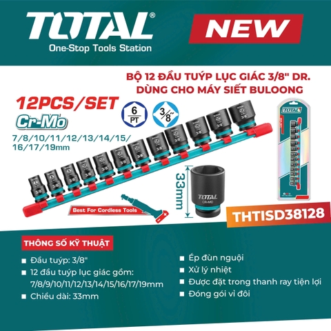 Bộ 12 Đầu Tuýp Lục Giác 3/8
