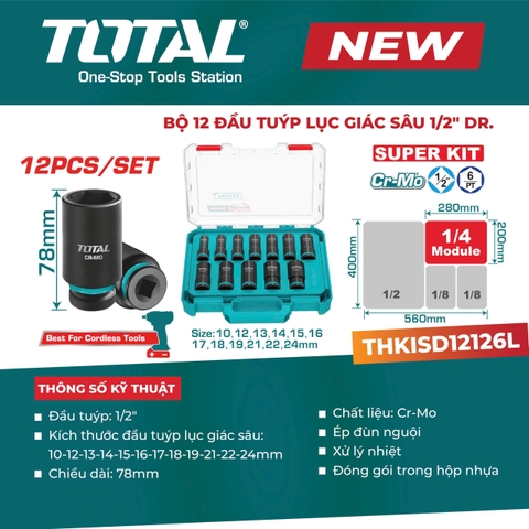 Bộ 12 Đầu Tuýp Lục Giác Sâu 1/2