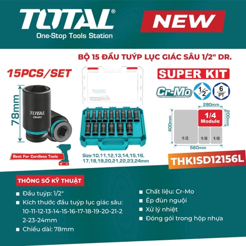 Bộ 15 Đầu Tuýp Lục Giác Sâu 1/2