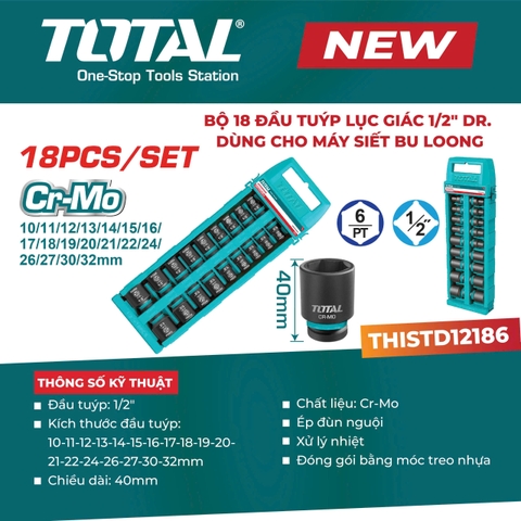 Bộ 18 Đầu Tuýp Lục Giác 1/2