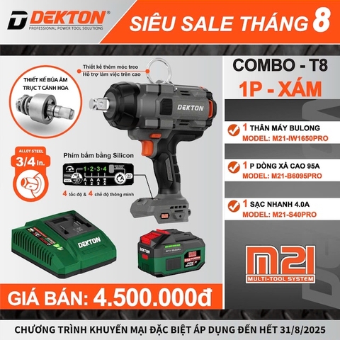 COMBO Máy siết bulong đầu 3/4 inch 1650Nm dùng pin phổ thông Dekton M21-IW1650PRO kèm pin 6A và sạc nhanh