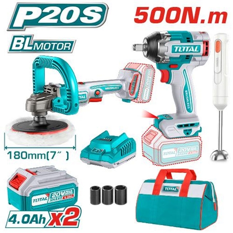 TOSLI240686 Bộ combo máy siết buloong TIWLI2050 & máy đánh bóng TAPLI2018 không chổi than dùng pin 20V & máy xay cầm tay TJB037T dùng pin