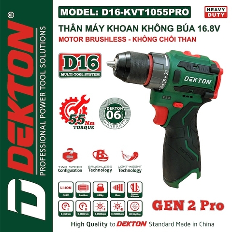 Máy Khoan Siết Vít 2 chức năng dùng pin 16.8V nhỏ gọn DEKTON D16-KVT1055PRO, Đầu cặp 10mm