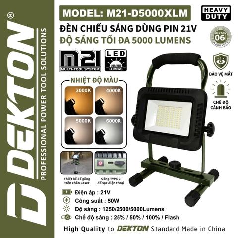Đèn Chiếu Sáng Dùng Pin 21V Dekton M21-D5000XLM Heavy Duty – Độ Sáng 5000 Lumens (Đổi 4 Nhiệt Độ Màu – Có Sạc Điện Thoại)