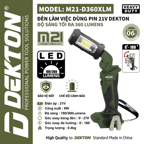 Đèn Làm Việc Dùng Pin 21V Dekton M21-D360XLM – Độ Sáng 360 Lumens, Gập Xoay 270 Độ (Chính Hãng)