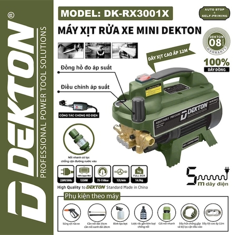 Máy Rửa Xe Chỉnh Áp Dekton DK-RX3001X (3000W) - Motor Cảm Ứng Từ, Chống Rò Điện, Dây Cao Áp 12m