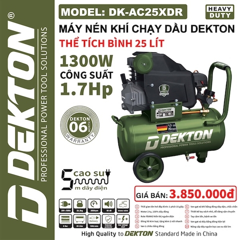Máy Nén Khí Chạy Dầu DEKTON DK-AC25XDR, Dung Tích 25 Lít, Công Suất 1300W (1.7HP)