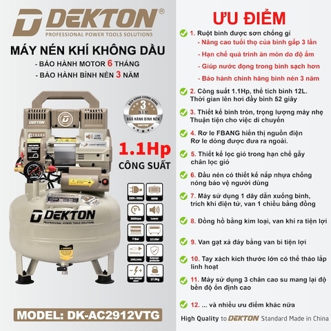 Máy Nén Khí Không Dầu Dekton DK-AC2912VTG | 1.1HP - 12 Lít | Ruột Bình Chống Gỉ - Nhỏ Gọn Linh Hoạt