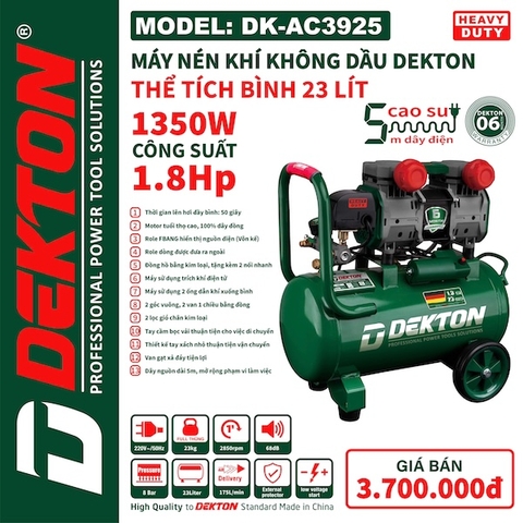 Máy Nén Khí Không Dầu DEKTON DK-AC3925, Dung Tích 23 Lít, Công Suất 1350W (1.8HP)