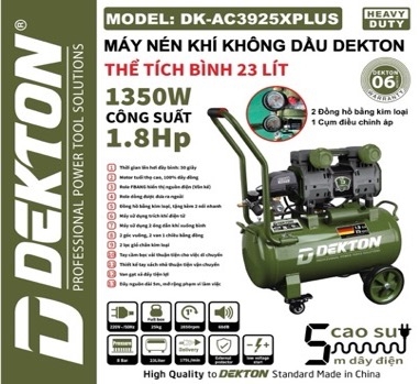 Máy Nén Khí Không Dầu Dekton DK-AC3925XPLUS 23L, Công Suất 1350W 1.8HP, Áp Lực 8Bar, Lưu Lượng 175L/Phút