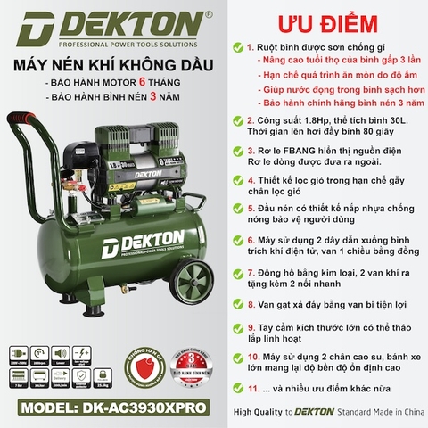 Máy Nén Khí Không Dầu Dekton DK-AC3930XPRO | 1.8HP - 30 Lít | Ruột Bình Chống Gỉ - Lên Hơi Siêu Nhanh